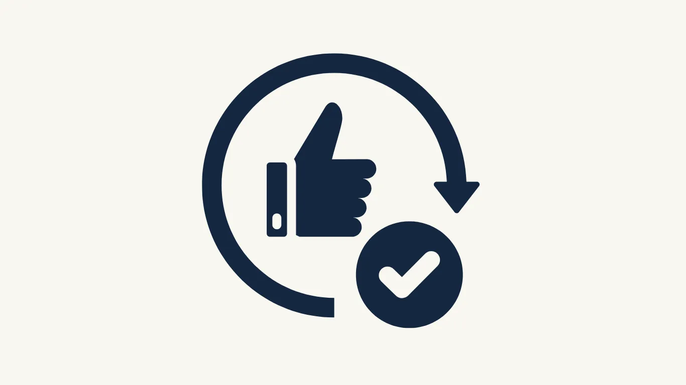 Ícone de círculo com seta em volta, polegar para cima e check, representando aprovação e feedback positivo.