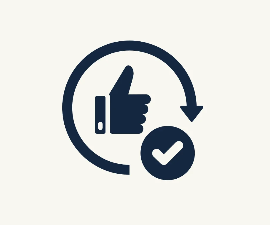 Ícone de mão com sinal de positivo e círculo com check, representando aprovação e confiabilidade em saúde