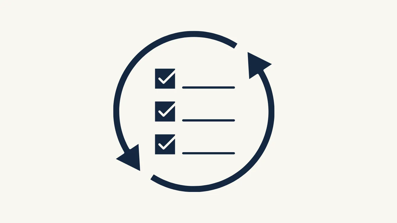 Ícone de checklist circular com três itens marcados, indicando lista de processos ou etapas concluídas.