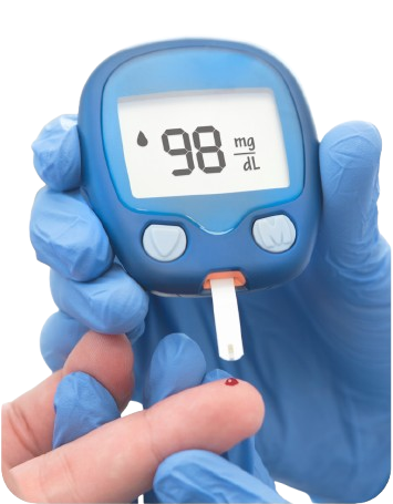 Aparelho de medição de glicose exibindo 98 mg/dL, utilizado em teste de diabetes.