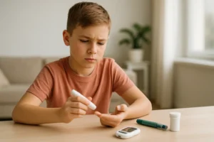Menino de cerca de 10 anos mede a glicemia com lanceta, sentado à mesa com glicosímetro e insulina, representando o controle do diabetes tipo 1.