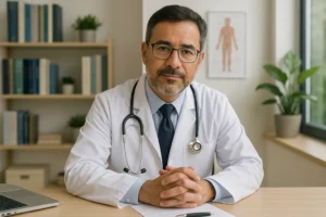 Médico de meia-idade em consultório, usando jaleco branco e estetoscópio, sentado à mesa com expressão acolhedora em ambiente iluminado e organizado.