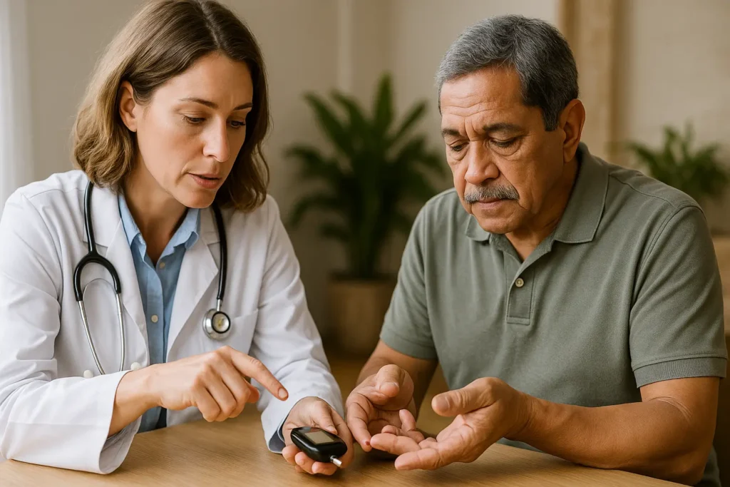 Médica em consulta explica a um paciente idoso como usar o glicosímetro para monitorar a glicose, em ambiente clínico calmo e profissional.