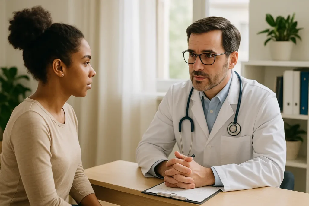 Endocrinologista em consultório conversa atentamente com paciente jovem, em ambiente iluminado e organizado, destacando a importância da saúde preventiva.