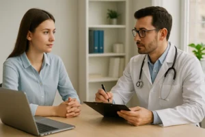 Jovem mulher em consulta médica com endocrinologista, que escuta atentamente e faz anotações em prancheta, em consultório iluminado e acolhedor.