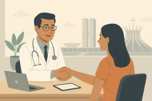 Endocrinologista em Brasília cumprimenta paciente em consultório moderno, com laptop e tablet sobre a mesa. Ao fundo, é possível ver a Catedral e o Congresso Nacional, simbolizando o atendimento médico especializado no Distrito Federal.
