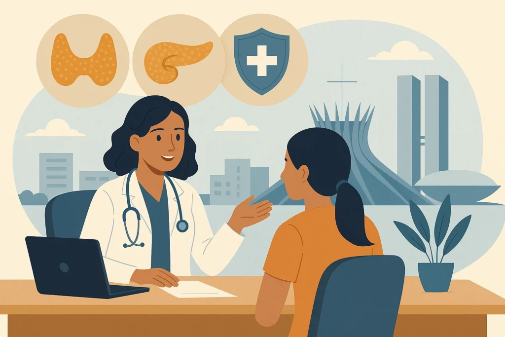 Endocrinologista em Brasília conversa com paciente em consultório moderno, com laptop sobre a mesa e ícones de glândulas e saúde ao fundo. Pela janela, veem-se a Catedral e o Congresso Nacional, representando o atendimento especializado em endocrinologia clínica na capital.