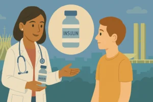 Endocrinologista em Brasília orienta paciente sobre o uso correto da insulina, segurando um frasco do medicamento durante a consulta. Ao fundo, aparecem a Catedral e o Congresso Nacional, simbolizando o atendimento médico especializado na capital.