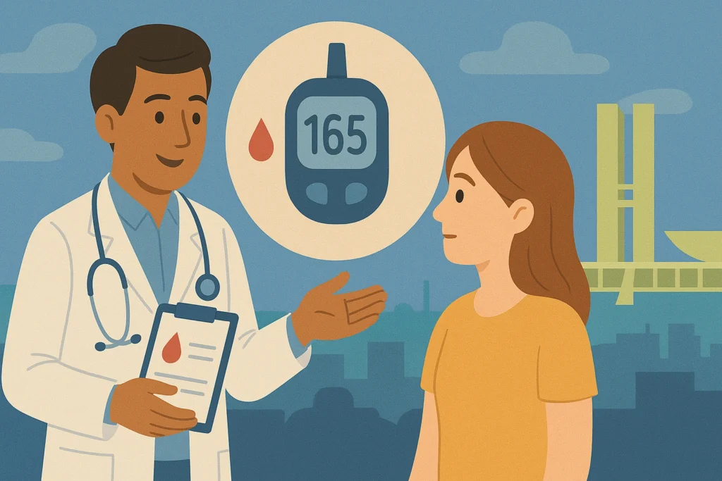 Médico especialista em diabetes conversa com paciente em consultório moderno, segurando um tablet com gráfico de glicemia. Ao fundo, aparecem marcos arquitetônicos de Brasília, como o Congresso Nacional, simbolizando o acompanhamento médico especializado na cidade.