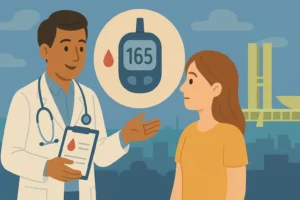 Médico especialista em diabetes conversa com paciente em consultório moderno, segurando um tablet com gráfico de glicemia. Ao fundo, aparecem marcos arquitetônicos de Brasília, como o Congresso Nacional, simbolizando o acompanhamento médico especializado na cidade.