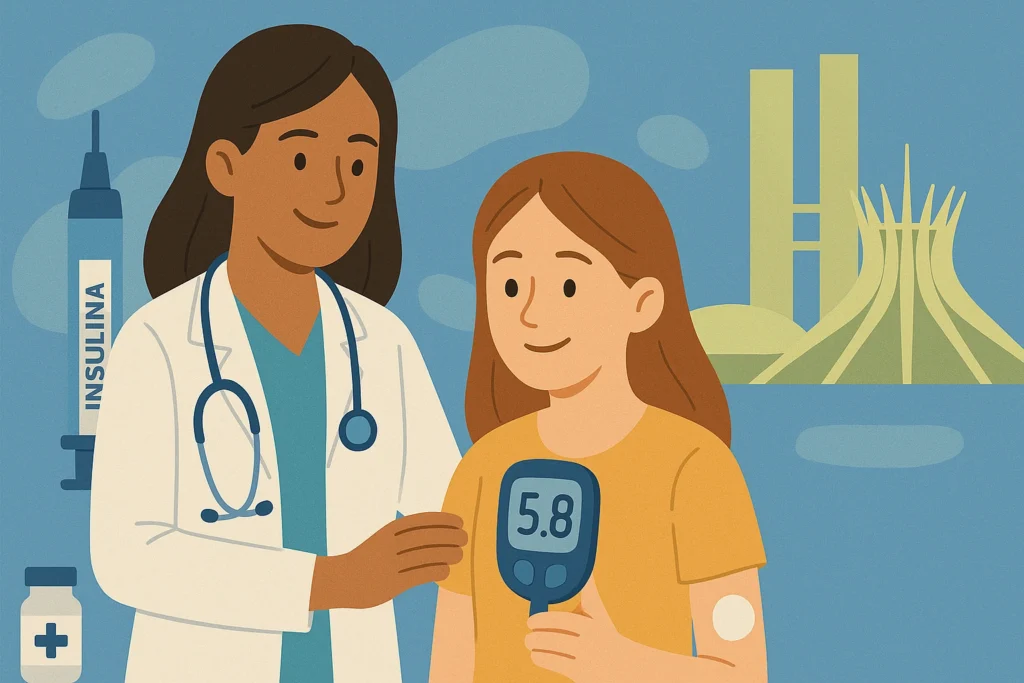 Médica endocrinologista atende paciente jovem com diabetes tipo 1 em consultório moderno, observando o medidor de glicose com valor 5.8. Ao fundo, aparecem elementos que remetem a Brasília, como a Catedral e o Congresso Nacional.