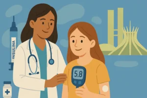 Médica endocrinologista atende paciente jovem com diabetes tipo 1 em consultório moderno, observando o medidor de glicose com valor 5.8. Ao fundo, aparecem elementos que remetem a Brasília, como a Catedral e o Congresso Nacional.