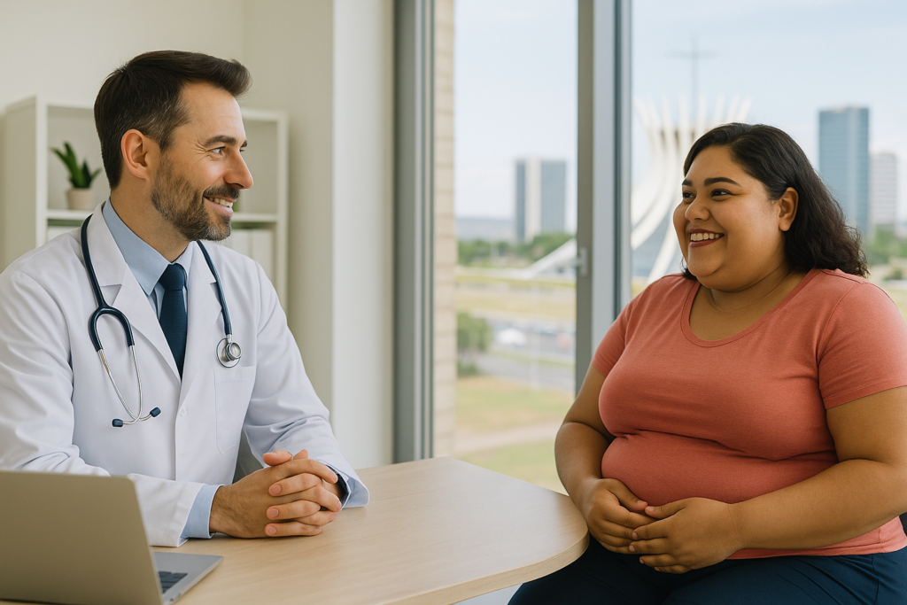 Médico conversando com paciente em consultório com vista de Brasília, representando acompanhamento profissional para emagrecimento