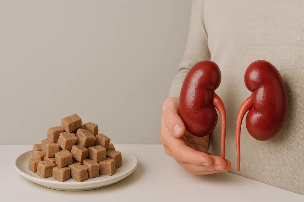Imagem realista mostrando cubos de carne em um prato ao lado de uma pessoa segurando modelos anatômicos de rins, simbolizando a relação entre proteína e saúde renal.