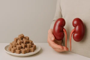 Imagem realista mostrando cubos de carne em um prato ao lado de uma pessoa segurando modelos anatômicos de rins, simbolizando a relação entre proteína e saúde renal.